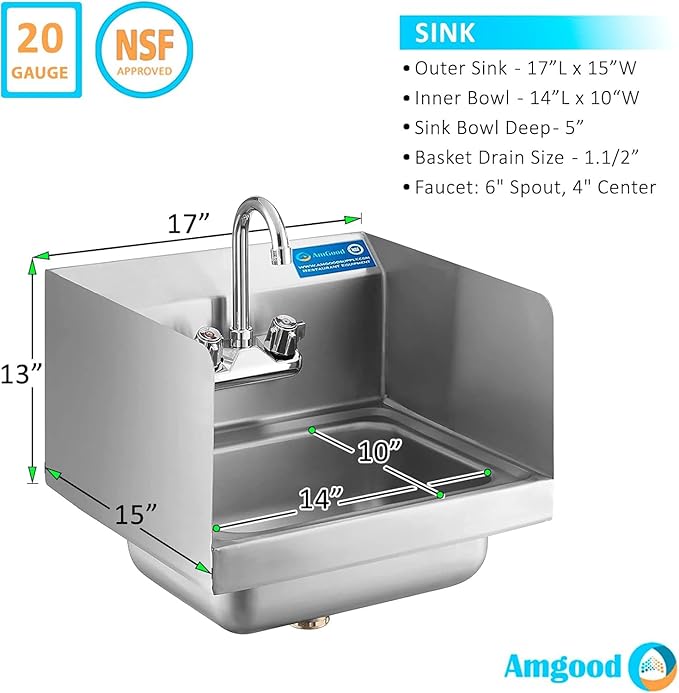 Express KitchQuip 15" x 17" Stainless Steel Wall Mount Hand Sink with Gooseneck Faucet & Side Splash – NSF Certified Commercial Handwashing Basin