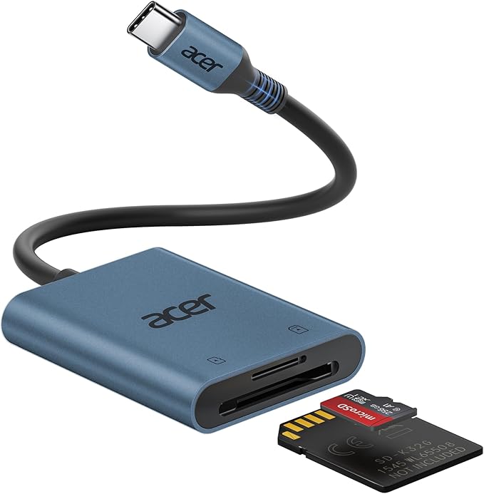 Acer SD Card Reader USB C, Dual Slots Type C to Memory Card Reader, Aluminum Micro SD Card Camera Adapter for MicroSD, SDHC, SDXC, Compatible with iPhone16/15, MacBook, Android, Laptop-Midnight
