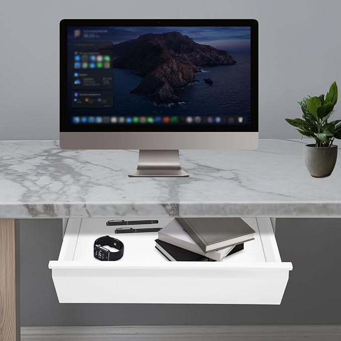 16" Under Desk Drawer Slide Out For Office Desk, Storage Organizer For Sit Stand Workstation, White