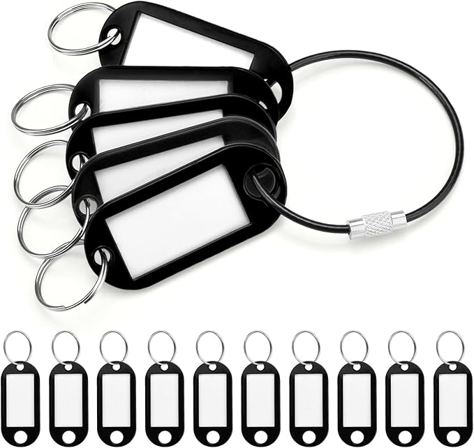 10 Pack Plastic Key Tags with Labels and Split Ring, Black Cable Key Ring and Key Labels for Keys, USB Drive and Luggage Organization - Black
