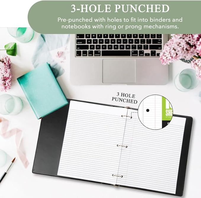 THREE LEAF 100 SHEETS WIDE RULED FILLER PAPER, PACK OF 6, LOOSE-LEAF SHEETS FOR SCHOOL AND OFFICE 100 CT. FILLER PAPER, NOTEBOOK PAPER