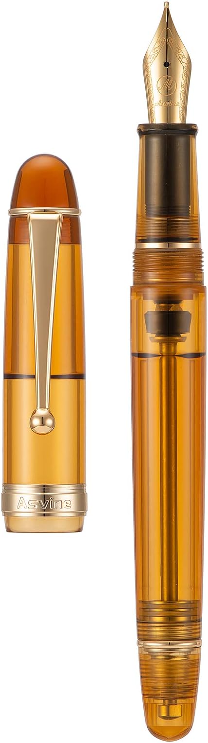 Asvine V126 Vacuum Filling Fountain Pen Extra Fine Nib, Transparent Brown Acrylic, Large-Capacity with Gift Case