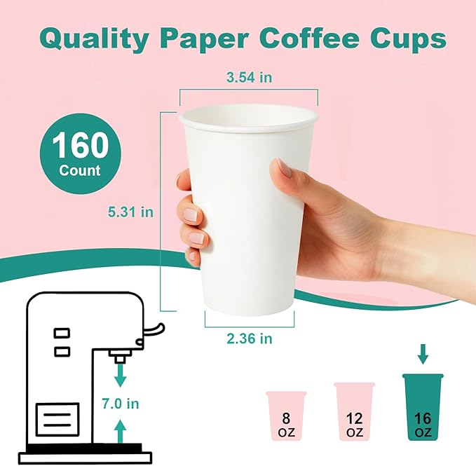 Coolcap 16 oz 100 Pack Disposable Coffee Cups, Bulk White Disposable Paper Cups, Coffee Cups for Hot Tea, Chocolate and Cold Drinks