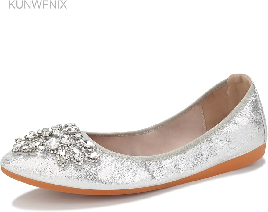 KUNWFNIX Women Ballet Flats Rhinestone Wedding Ballerina Shoes Foldable Sparkly Comfort Slip on Flat Shoes