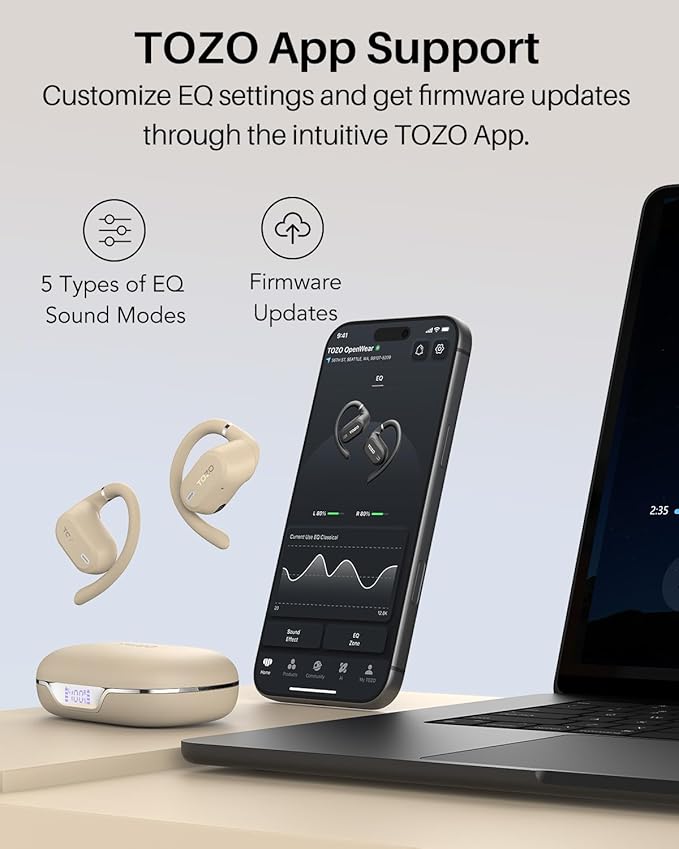 TOZO OpenWear Open Ear Headphones, Adjustable Ear Hooks, Ultra Comfort, Punchy Bass Bluetooth Headphones 5.4 with Smart Digital Display, Immersive Audio Earbuds, Stereo Bass, Fast Charging