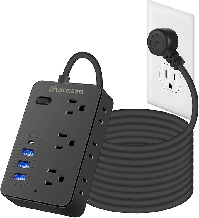 20FT Extension Cord with Multiple Outlets, Asamoom 20 ft Surge Protector Power Strip with 6 Outlets with 4 USB Ports(1 USB C)，Flat Plug with Long Cord 1700 Joules Protection for Home Office Black