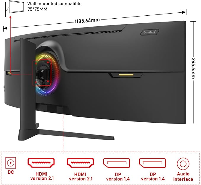 Gawfolk 49 inch Ultra-Wide Curved 1500R Gaming Computer Monitor, DQHD(5120×1440), 165Hz, 1MS, FreeSync, 120% sRGB, Height Adjustable PC Screen, HDMI2.1 & DP1.4, Compatible Wall Mount 75 * 75mm- Black