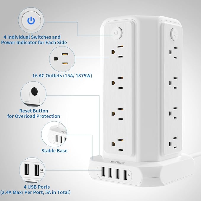 10 FT Extension Cord Power Strip Tower, 16 Widely Outlets 1875W 15A, Flat Plug Surge Protector with 4 USB Ports, Individual Switches, 1080 Joules, Overload Protection for Home Office Desktop, White