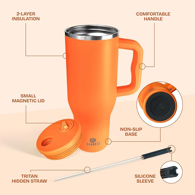 34HD 40 oz Stainless Steel Tumbler - Leakproof Insulated Water Bottle with Handle, Magnetic Lid and Flexible Straw - Iced for 48 Hours – Perfect for Men, Women, Birthday Gift, Orange - Tangerine Glow