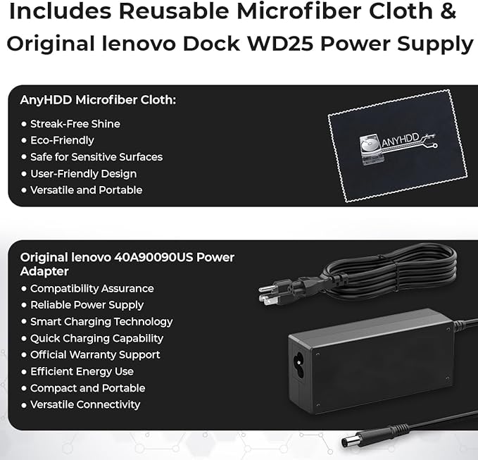 40A90090US Dock Dual Monitor Bundle with 90W AC Adapter + Microfiber Cloth (Renewed)