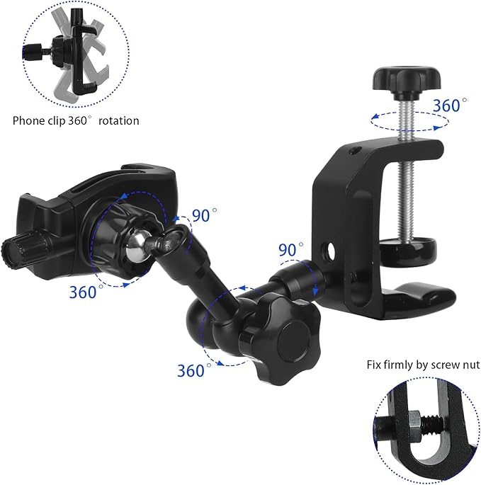 Mippko iPhone Mount for Desk/Table/Rod/Kitchen Cabinet,360°Adjustable Aluminum Alloy Phone Stand,Clip Holder Compatible with 3.5~7.5" iPhone/Nexus/HTC/Huawei/Smartphone