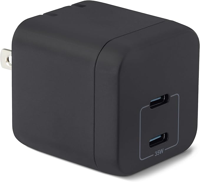 Amazon Basics Fast Charging USB C Nano GaN Wall Charger, 35W 2-Port for Tablets Phones, Black