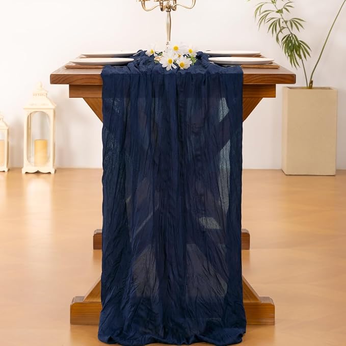 Socomi 10pcs Navy Blue Fall Thanksgiving Cheesecloth Table Runner Boho Rustic Gauze 120 inch 10FT Cheese Cloth Runner for Wedding Party Baby Shower Birthday Home Decor Holiday Decorations