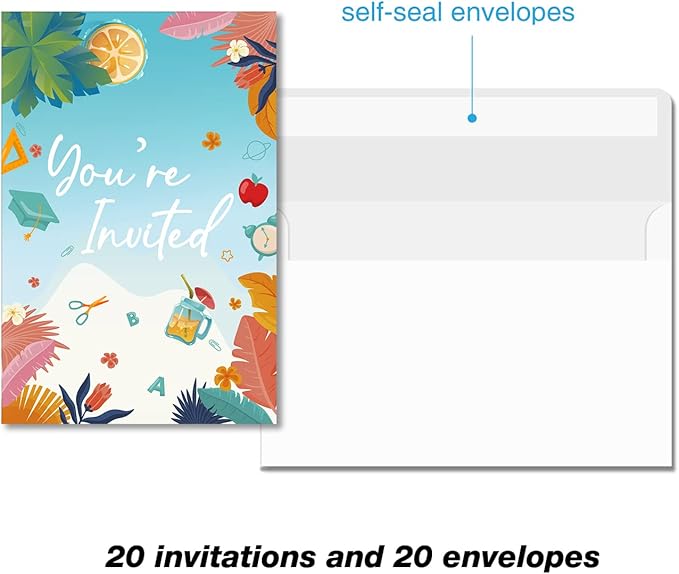Soiceu Goodbye School Hello Pool End of School Party Invitations with Envelopes Set of 20 Kids End of Backyard Summer Party Invites Fill in Blank