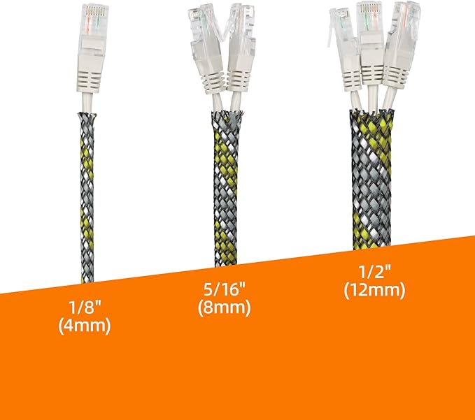 Braided Expandable Cable Sleeve, 25ft PP Cotton and PET Braided Cable Management, Flexible Mesh Wire Loom and Cable Protector for TV, Computer, Home Theater, Automotive (Yellow White Grey, 1/8")