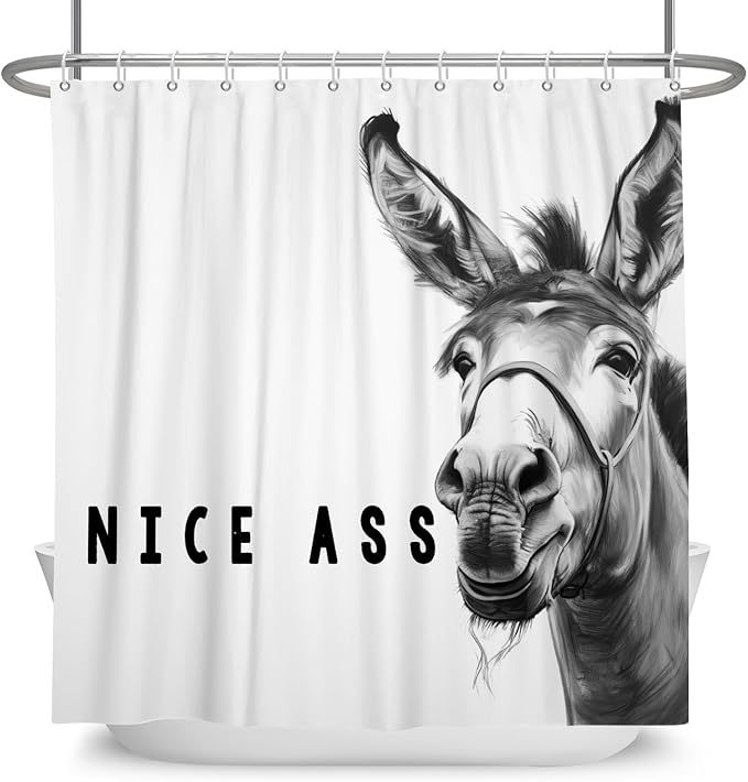 Funny Donkey Shower Curtains Joke Hilarious Animal Bathroom Curtain Rustic Farmhouse Cute Donkey White Shower Curtain Sets for Bathroom Extra Long 72x72 in with 12 Hooks