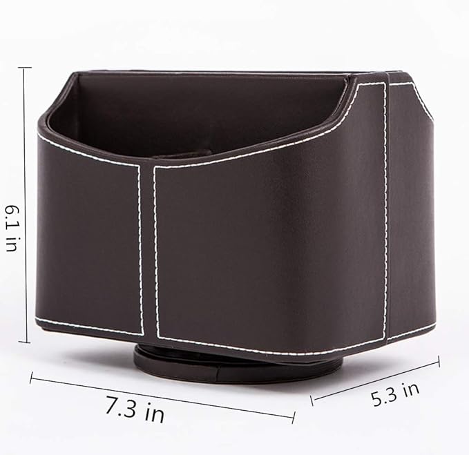 RHCSZ PU Leather Remote Control Holder 360 Degree Spinning Desk Organizer Storage Box for Remote Caddy,TV Guide, Mail, Electronics, Pen,Stationery and Media Storage (Brown)