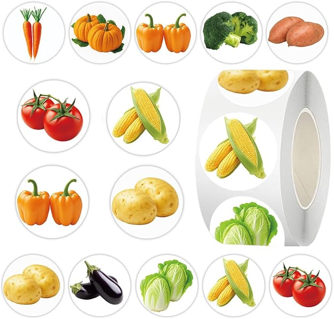 500 Pcs Funny Vegetable Stickers Roll, 10 Styles Cartoon Cute Vegetable Stickers for Teens, Waterproof Vinyl Stickers for Journal Scrapbook, Party Favors Classroom Rewards (500 per Roll)