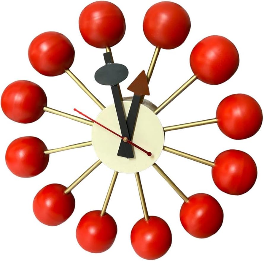 Mid Century Modern Ball Clock – George Nelson Style Wooden Wall Clock, Retro Starburst Design, Silent Non-Ticking Decorative Wall Decor for Living Room, Office, Kitchen & Home (Red, 12 Inch)
