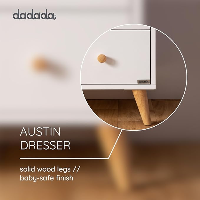 dadada Austin 5-Drawer Dresser for Nursery and Bedroom - Modern Design, Large Storage, Baby-Safe Finish, Anti-Tip Safety, Solid Wood Feet, Durable Construction (White+Natural)