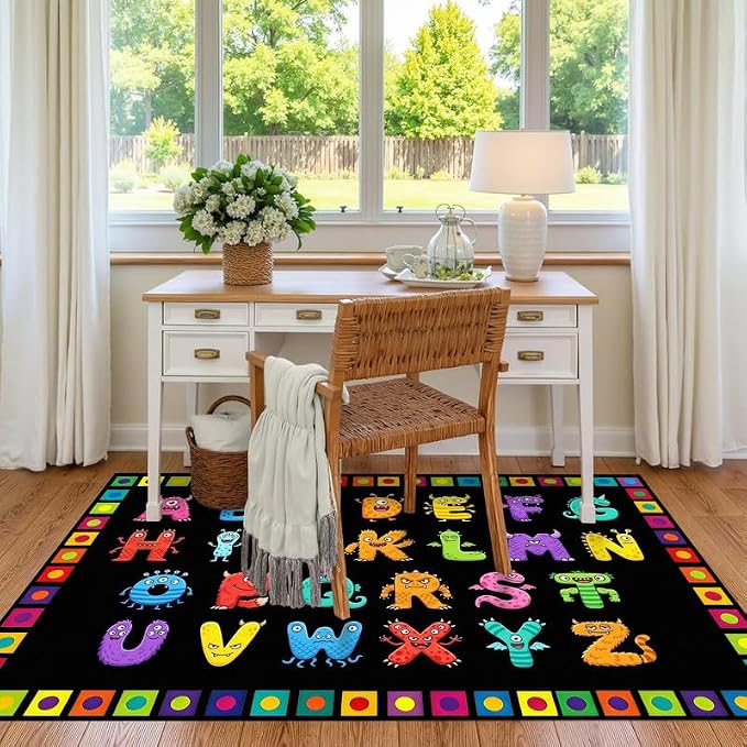 Alphabet Monster Area Rug for Kids 5'x7' Colorful ABC Learning Carpet Non Slip Educational Play Mat for Nursery Bedroom Playroom Classroom Living Room Home Decor