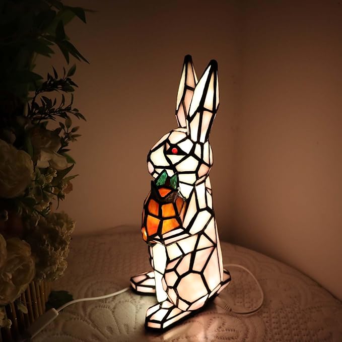 Bieye L10949 Rabbit Holds Carrot Tiffany Style Stained Glass Accent Table Lamp for Home Decor (Pink)