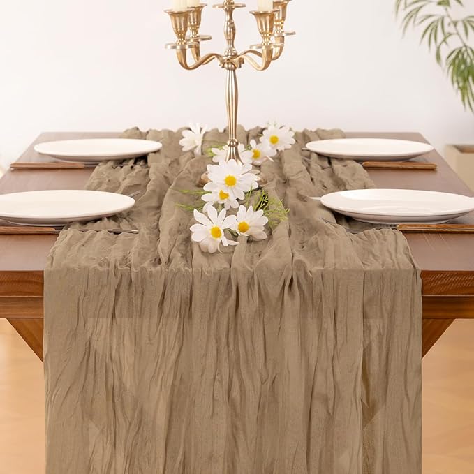 Socomi 15pcs Nude Brown Cheesecloth Table Runner Fall Thanksgiving Boho Rustic Gauze 120 inch 10FT Cheese Cloth Runner for Wedding Party Baby Shower Birthday Home Decor Holiday Decorations