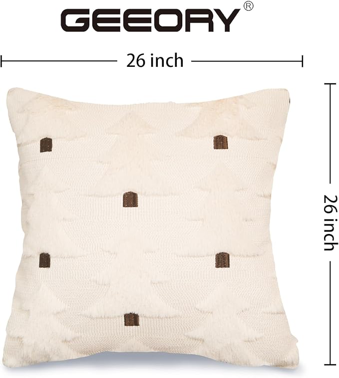 GEEORY Christmas Pillow Covers 26x26 Inch Set of 2, Christmas Decorations Xmas Tree Soft Plush Fluffy Faux Fur Decorative Throw Pillows Farmhouse Winter Cushion Case Beige Brown GC034-26