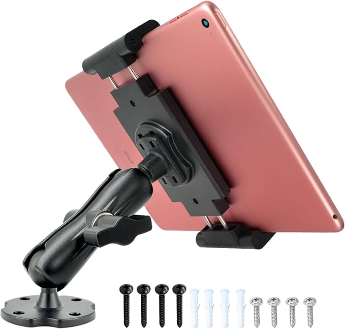 VAUBORTTI Aluminum Arm Heavy Duty Tablet Mount Drill Base - for 6.5"-12.9" Tablet iPad Pro/Mini, iPad Holder for Truck, Car,Dashboard,Desk,Wall-Swivel with 1 inch/25mm Ball Joint