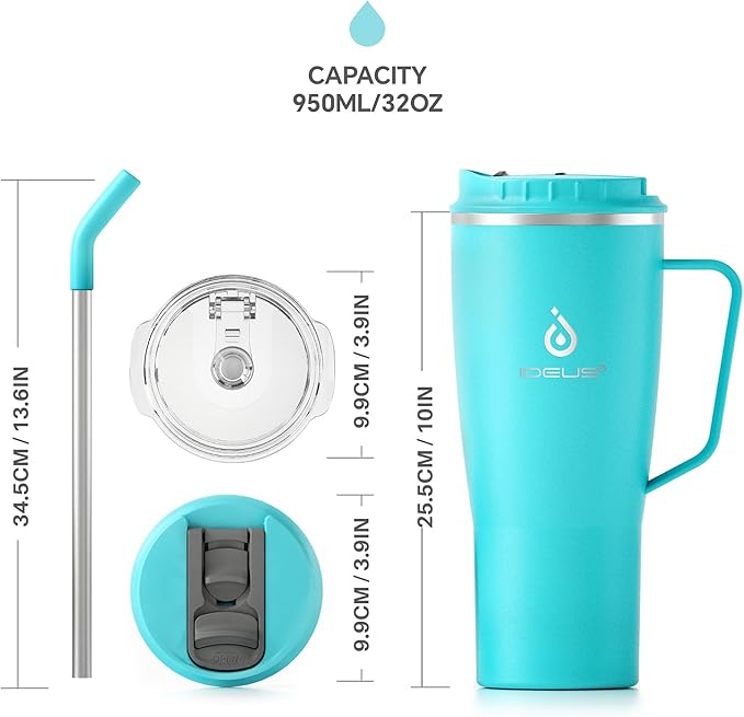 Ideus 32 oz Tumbler with Handle and Straw, Vacuum Insulated Stainless Steel Travel Mug, 100% Leakproof, Cup Holder Friendly, Sky Blue