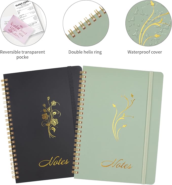 Joyberg Aesthetic Spiral Notebook, 2PCS Cute Notebook, 8.3" x 6" Notebook For Women, A5 Spiral Journal Notebook for Office/School/Home (Green & Black)