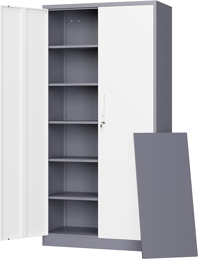 Letaya Metal Storage Cabinet with Lock Door, 71" Adjustable Shelf Steel Lockers for Office, Home,School,Garage Utility Tool Cabinet (2 Door-White&Gray)