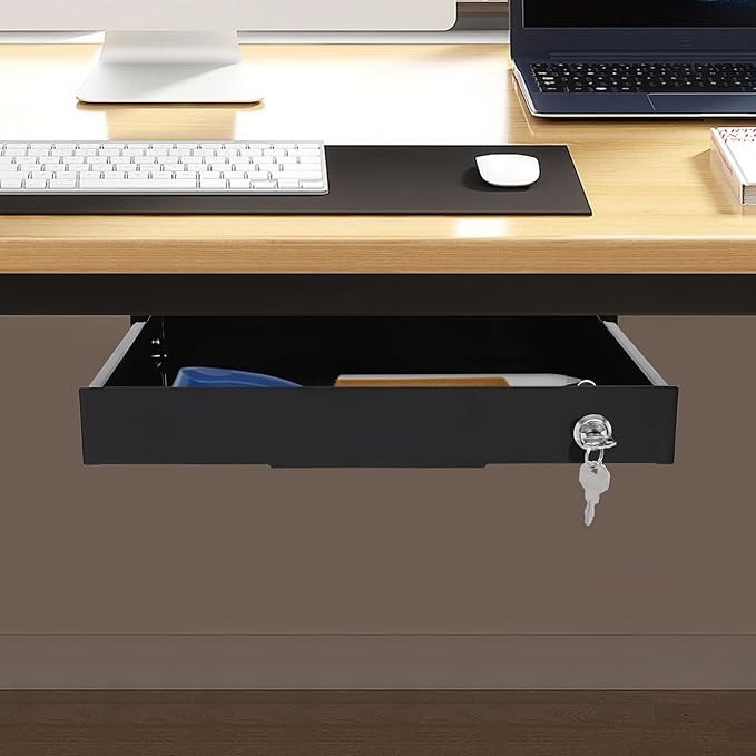 14.17" Under Desk Storage Drawer, Locking Design Black Sliding Pull-Out Drawer for Sit Stand Workstation