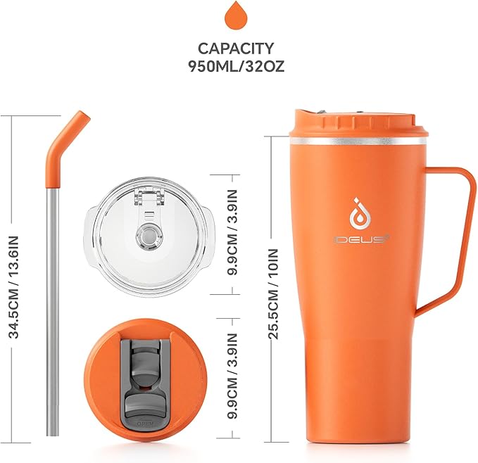 Ideus 32 oz Tumbler with Handle and Straw, Vacuum Insulated Stainless Steel Travel Mug, 100% Leakproof, Cup Holder Friendly, Orange