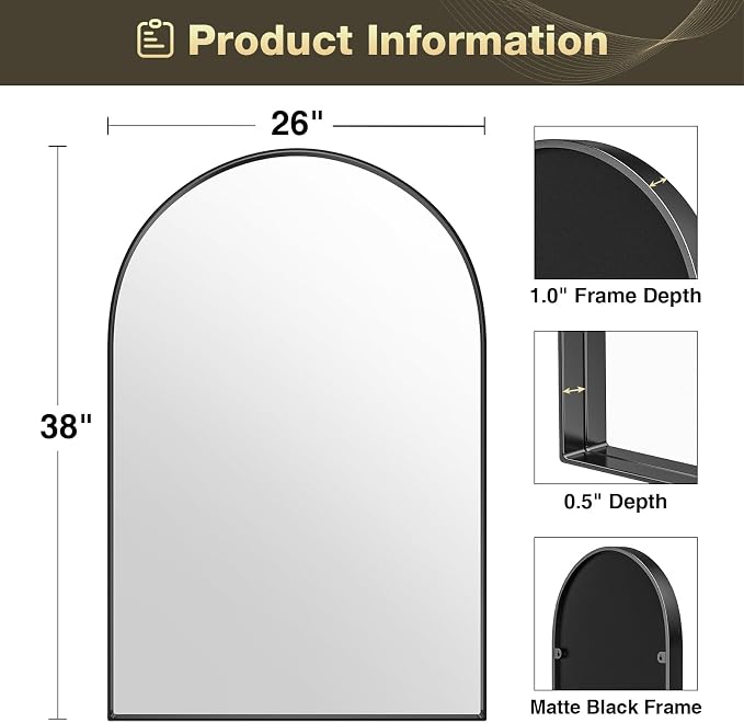 Brightify Arched Mirror, 26 x 38 Inch Black Arch Wall Mirror, Metal Frame Black Bathroom Mirror, Arched Top Bathroom Vanity Mirror for Living Room Bedroom Mantel Entryway