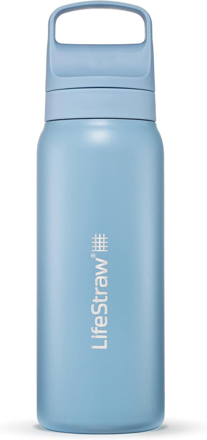 LifeStraw Go Series — Insulated Stainless Steel Water Filter Bottle for Travel and Everyday Use Removes Bacteria, Parasites and Microplastics, Improves Taste, 24oz Icelandic Blue