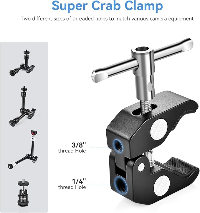UTEBIT 11" Magic Arm Clamp Mount Kit, 360° Ball Heads with ARRI 1/4" & 3/8" Thread Screw, Camera Mount Adjustable Friction Arm w Super Clamp for DSLRs, Camera Cage, Monitor, LED Light, Action Camera