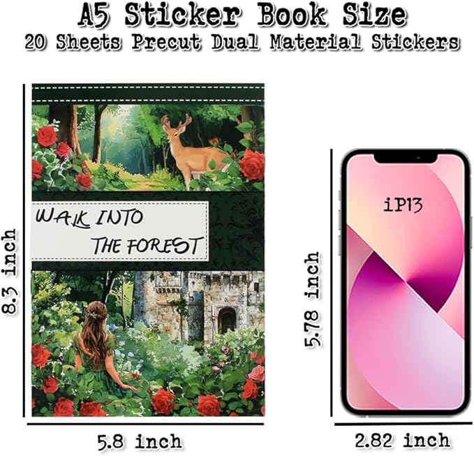 Dwpetzo Forest Woodland Castle Scenery Sticker Book for Journaling, 20 Sheets Precut PET Washi Materials Ephemera Stickers for Junk Journal Supplies, Scrapbooking, DIY Crafts Arts