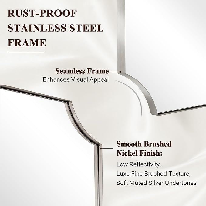 ANDY STAR Brushed Nickel Mirror 30x40 Inch, Scalloped Bathroom Mirror, Silver Bathroom Mirror in Anti-Rust Stainless Steel Metal Thin Frame Deep 1’’, Large Wall-Mounted Mirror (Horizontal/Vertical)