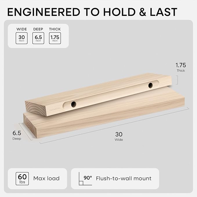 Homeforia 30 inch Wood Floating Shelves, High End Solid Natural Wood 30inch Floating Shelf for Wall, Unfinished Wooden 30 inches Floating Shelves, Heavy Duty Bracket, 30 X 6.5 X 1.75 in, Set of 3