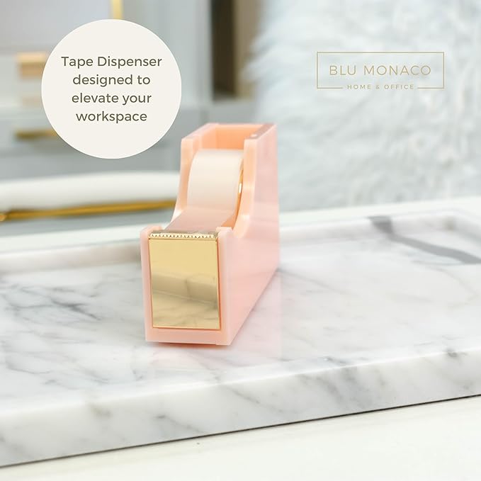 BLU MONACO | Acrylic Tape Cutter Dispenser for Desk | Cute Tape Dispenser Desk with Heavy Duty Base | Pastel Pink Desktop Tape Holder for Office Home
