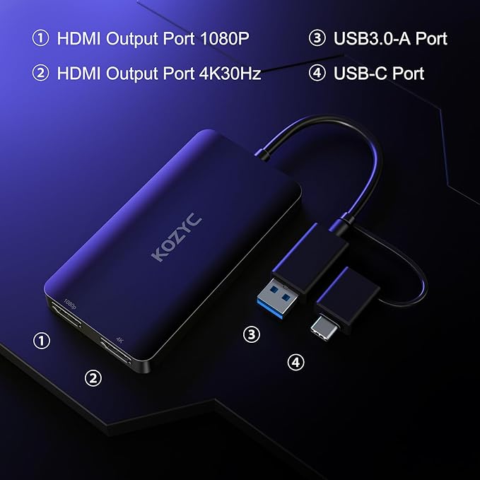 KOZYC USB 3.0 to HDMI Splitter Extended Display Dual Monitors, USB 3.0-A/C to Dual HDMI Adapter 4K@30Hz+1080p@60Hz Compatible MacBook/MacBook Pro Air Dell (MST Support MacOS/Windows)