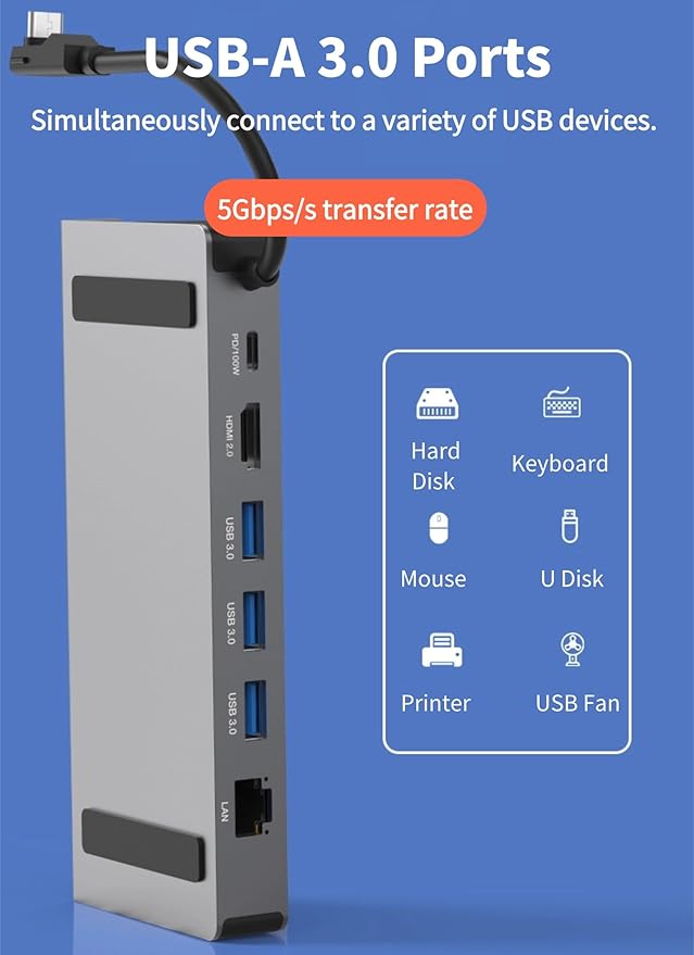 Diyeeni USB C Docking Station for Steam Deck & ROG Ally, 6-in-1 Dock with HDMI 2.0 4K@60Hz, Gigabit Ethernet, 3*USBA 3.0, 100W PD Fast Charging, Plug and Play