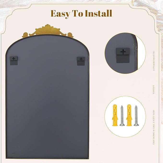 Dewfig Antique Arched Wall Mirror, 22"x30" Vintage Bronze Bathroom Mirror - Baroque Metal Frame Brass Mirror for Living Room, Bathroom, Fireplace, Entryway, Bronze