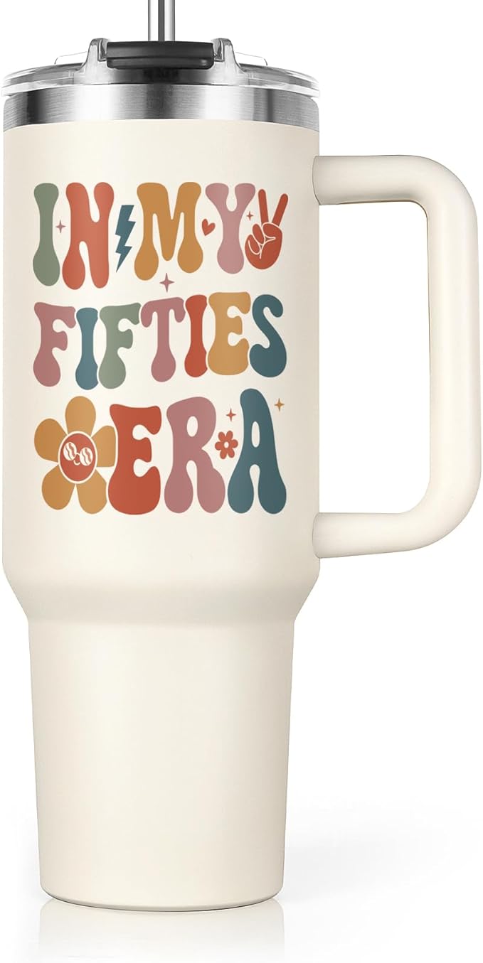 Shqiueos 50th Birthday Gifts for Her 40oz Tumbler with Handle and Straw Lid, 50 Year Old Gifts for Women, Mom, Wife, Sister, Friend, 50s Birthday Decoration-In My Fifties Era Cup Water Bottle
