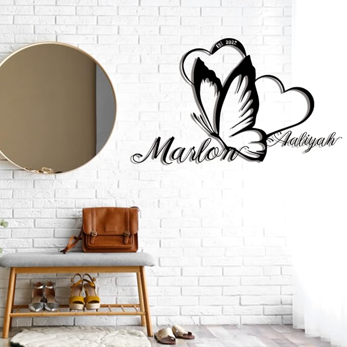 Personalized Last Name Metal Sign,Customized Metal Heart Butterfly Sign,Custom Couple's Name Sign for Her,Outdoor/IndoorDecor,Wedding and Housewarming Gift for New Couple,Valentine's Day Gift
