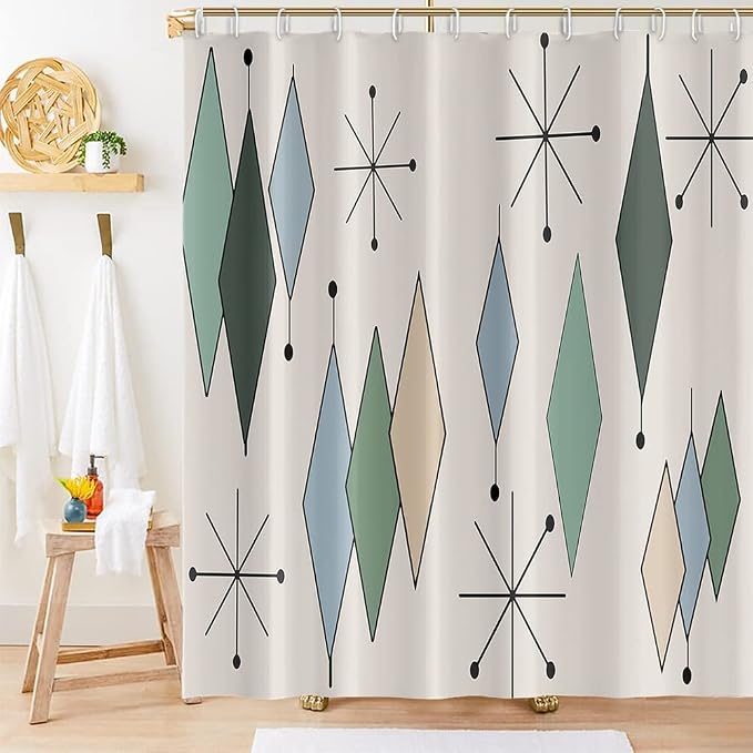 Mid Century Shower Curtain Modern Abstract Diamond Geometric Atomic Starburst Pattern for 1950s Retro Bathroom Decor Accessories Shower Curtain Set with 12 Hooks, 60x72 Inches