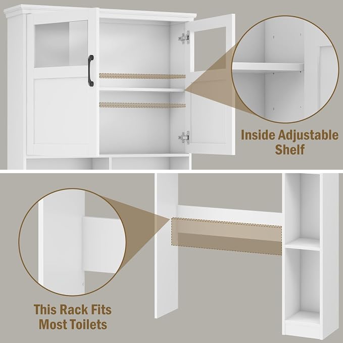 Vabches Freestanding Toilet Storage Cabinet with Double Doors, Shelf Space Saver, Anti-Tip Design & Adjustable Shelf, White
