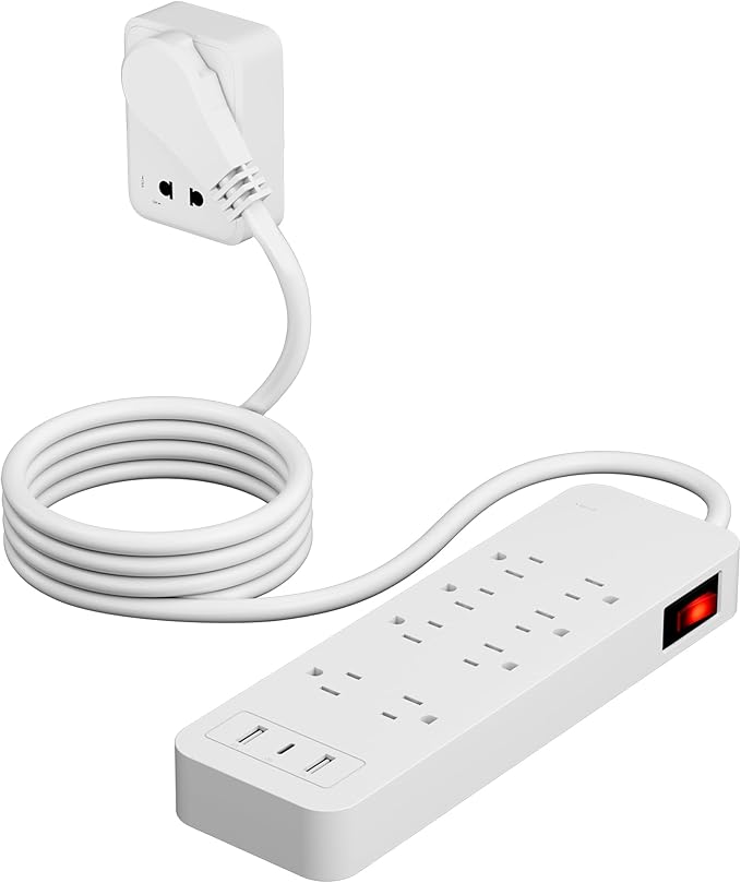 Elecan Surge Protector Power Strip 8 Ft Extension Cord, 8 Widely Spaced Outlets with 2 USB-A&1 USB-C PD 20W Charging Station, Flat Plug Wall Mountable Multi Outlet Extender, 14AWG 2450J/125V,ETL-White