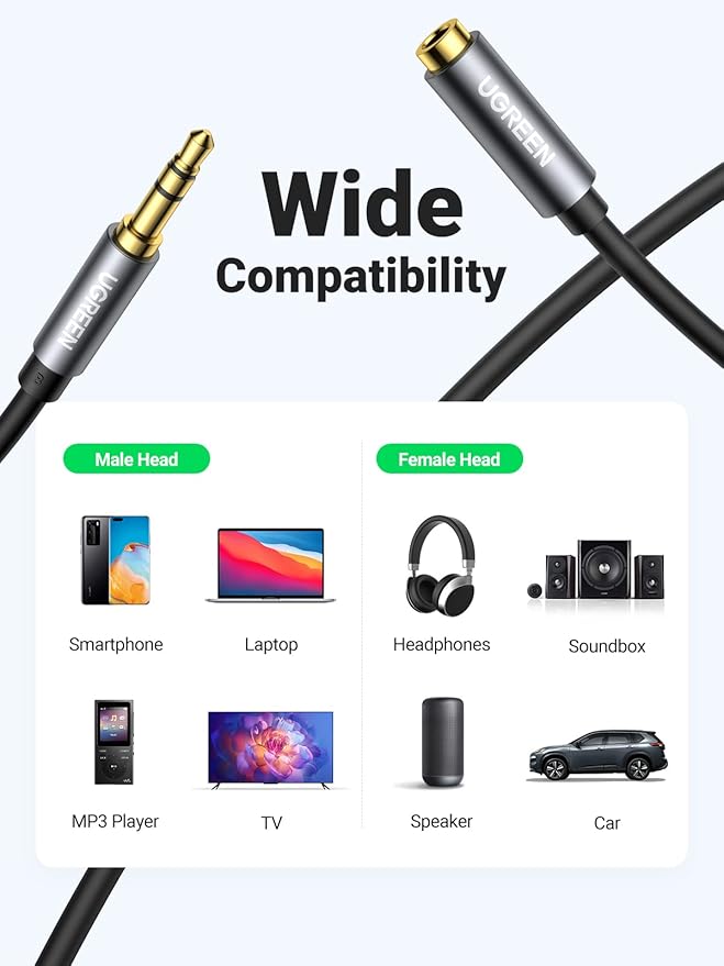 UGREEN Headphone Extension Cable 3.5mm Extension Gold Plated Aux Cable Audio Stereo Jack Male to Female TRS Cord Extender Compatible with iPhone iPad Phones Tablets Media Players, 3.3FT